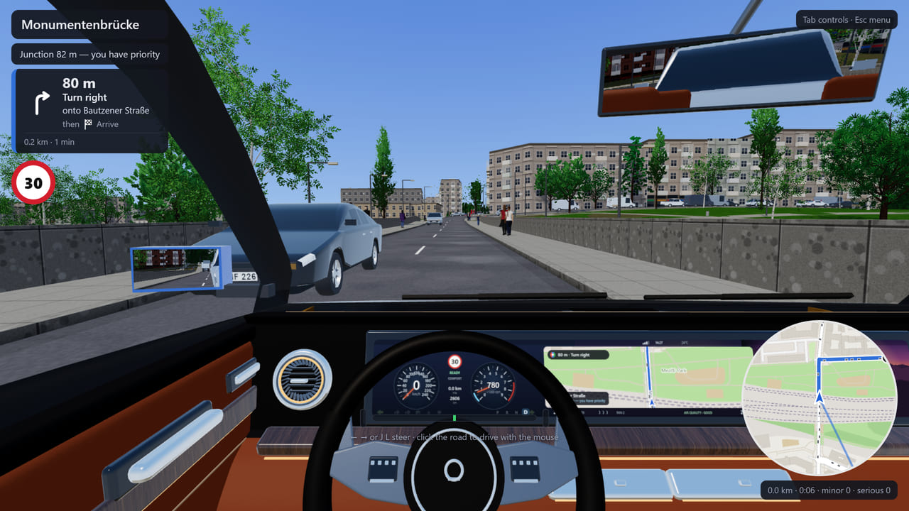 Actual Roadarium cockpit view crossing Monumentenbrücke in Berlin, with navigation, road signs, traffic and mirrors