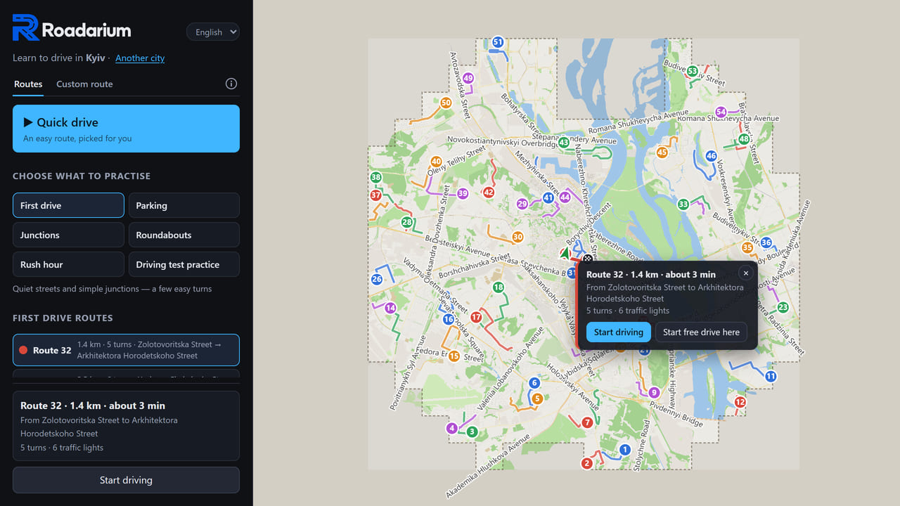 Practice routes on Roadarium’s Kyiv city map